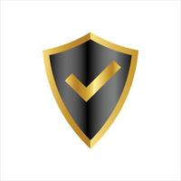 Golden shield icon with tick mark on white background vector