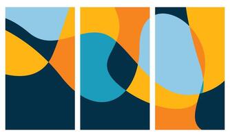 Three panels with abstract shapes in orange, blue and yellow vector