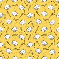 Illustration of a fun, playful pattern with cooking related items including chef's hats, spoons, forks, knives, whisks and other kitchen utensils on a bright yellow background. vector