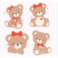 Retro Coquette Teddy Bear with Red Bow Cartoon Hand Drawn flat design set vector