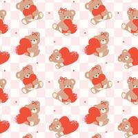 Seamless Pattern Retro Coquette Teddy Bear with Red Heart Cartoon Hand Drawn isolated on background vector