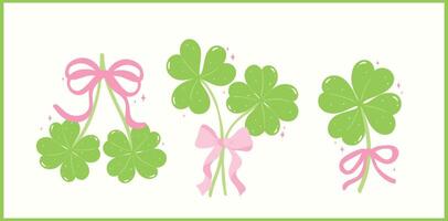 Coquette St Patricks Day 4 Leaf Clover with Ribbon Bow Retro Whimsical Hand Drawn Set vector