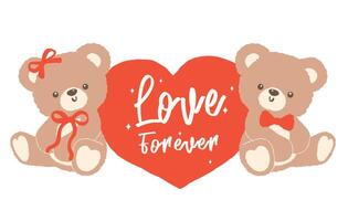 Retro Coquette Two Teddy Bears with Red Heart Valentine Cartoon Hand Drawn flat design vector