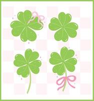 Coquette St Patricks Day 4 Leaf Clover with Ribbon Bow Retro Girly Whimsical Hand Drawn Set vector