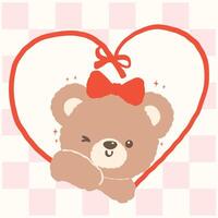 Retro Coquette Teddy Bear with Bow in Ribbon Heart Shaped Frame Cartoon Hand Drawn flat design vector
