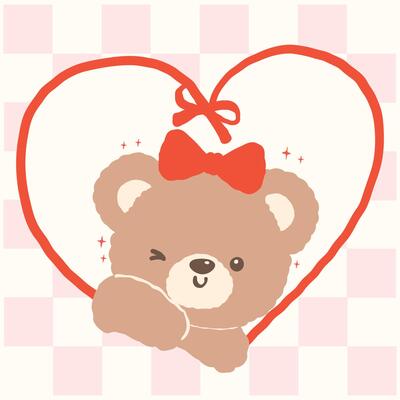 Retro Coquette Teddy Bear with Bow in Ribbon Heart Shaped Frame Cartoon Hand Drawn flat design