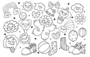 Playful and Whimsical Clown outline Clowncore Cartoon Hand Drawn Doodle Bold line Clipart Set vector