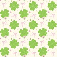 Seamless Pattern Coquette St Patricks Day Lucky four Leaf Clover with Ribbon Bow Isolated on Background vector