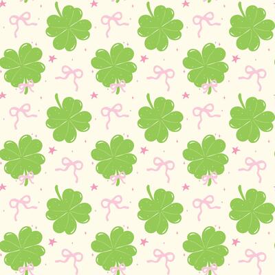 Seamless Pattern Coquette St Patricks Day Lucky four Leaf Clover with Ribbon Bow Isolated on Background