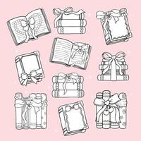Coquette Books with Ribbon Bow Outline Hand Drawn Black and White Coloring Images set vector