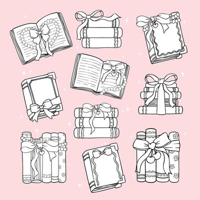Coquette Books with Ribbon Bow Outline Hand Drawn Black and White Coloring Images set