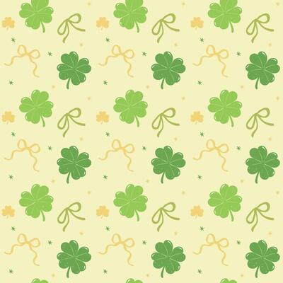 Seamless Pattern Coquette St Patricks Day four Leaf Clover with Bow Retro wallpaper Isolated on Background