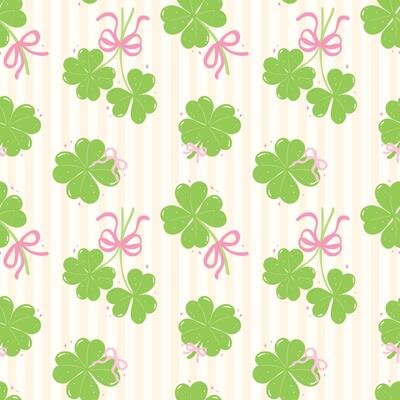 Seamless Pattern Coquette St Patricks Day four Leaf Clover with Ribbon Bow Isolated on Background