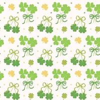 Seamless Pattern Coquette St Patricks Day Lucky four Leaf Clover with Bow Retro Cherry liked Isolated on Background vector