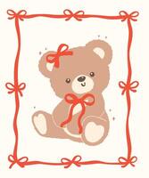 Retro Coquette Teddy Bear with Bow in Ribbon Frame Cartoon Hand Drawn flat design vector
