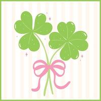 Coquette St Patricks Day 4 Leaf Clover and Shamrock with Bow Retro Girly Whimsical Hand Drawn vector