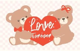 Retro Coquette Two Teddy Bears Hug Red Heart Valentine Cartoon Hand Drawn flat design vector