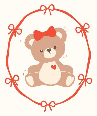 Whimsical Valentine Coquette Teddy Bear with Bow Hair and Red Heart in Ribbon Frame Cartoon Hand Drawn flat design