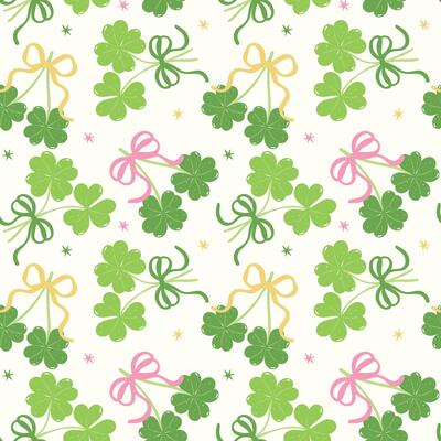Retro Seamless Pattern Coquette St Patricks Day four Leaf Clover with Bow wallpaper Isolated on Background
