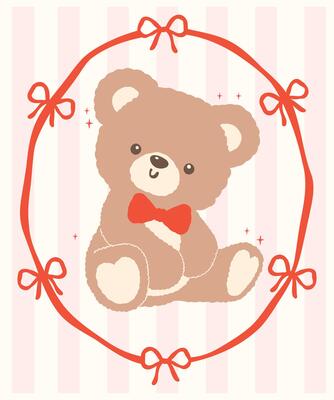 Adorable Coquette Teddy Bear with Bow in Ribbon Frame Cartoon Hand Drawn flat design