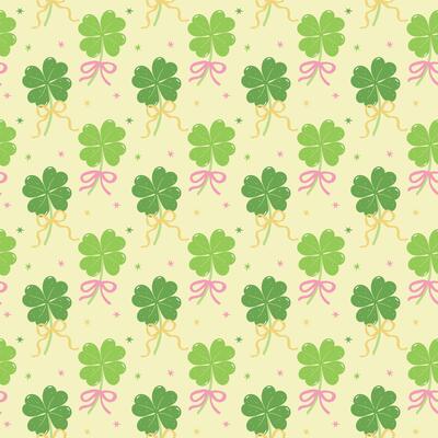 Seamless Pattern Retro Coquette St Patricks Day four Leaf Clover with Bow wallpaper Isolated on Background