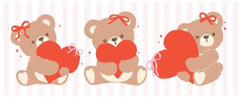 Retro Coquette Teddy Bears Hug Red Heart Valentine Cartoon Hand Drawn flat design set vector