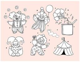 Clown Characters Clowncore Coloring Image Cartoon Hand Drawn Black and White Oultine Doodle set vector