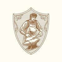 A finely crafted vintage-style blacksmith emblem logo featuring a blacksmith working on an anvil vector