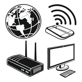 computadora y red siluetas vector