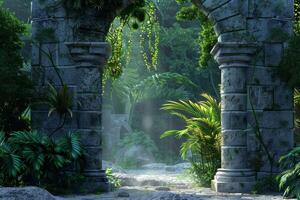 An archway in the jungle with plants and trees photo