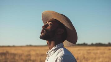 A man wearing a hat in a field photo