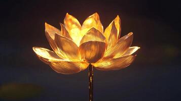 A beautifully crafted lotus flower radiates soft golden light, creating a serene ambiance at a nighttime gathering. The delicate petals catch the light, enhancing the tranquil atmosphere photo