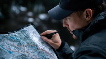 A man in a black jacket and hat looking at a map photo