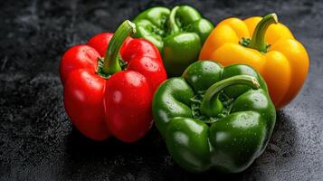 Three peppers are shown on a black background photo