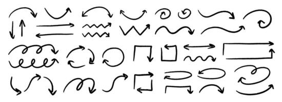 Hand drawn curved, squared and straight arrow set. Black grunge sketch arrow collection. Doodle sketch pointer and direction lines. Wavy zigzag brush stroke bundle for flyer, poster, brochure vector