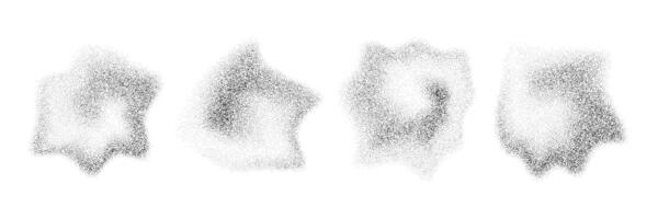 Fluid dotted gradient drop shapes. Grainy spray spots and stains. Black stippled liquid object set. Noise splashes and splatters forms. Dissolve sand dust texture. Fading halfton elements vector