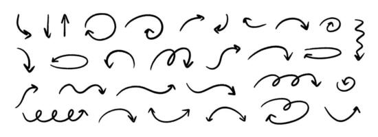 Hand drawn curved and straight arrow set. Black grunge sketch arrow collection. Doodle sketched pointers and direction lines. Wavy and zigzag brush stroke bundle for flyer, poster, brochure. vector