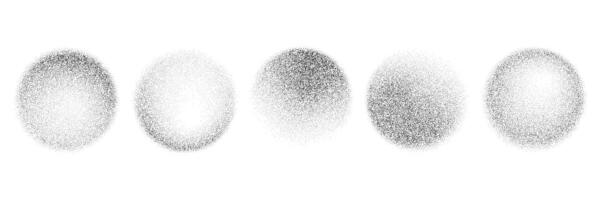 Black round stippled gradient set. Grunge circle dotted shadow collection. Radial noise texture brush pack. Halftone grainy sand diffuse shape bundle. Round spray patterns. Dotwork forms vector