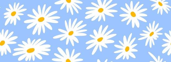 Hand drawn chamomile seamless pattern. Floral repeating wallpaper for textile, fabric, print, wrapping paper. Cute daisy flowers on blue background. Repeated ditsy texture vector