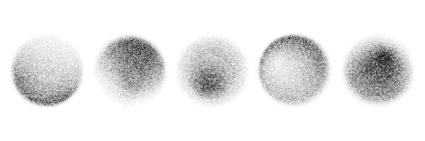 Black round stippled gradient collection. Grunge circle dotted shadow set. Radial noise texture brush pack. Halftone grainy sand diffuse shape bundle. Round spray patterns. Dot work forms vector