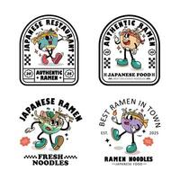 Set of Labels Badges Ramen Japanese Food Retro Cartoon Illustration with Varied Poses and Expressions vector