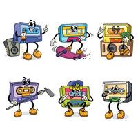 Retro Cassette Tape Cartoon Illustration with Varied Poses and Expressions vector