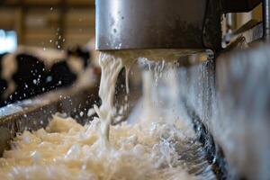 A milk machine is pouring milk into a container photo