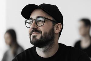 Thoughtful man wearing glasses and a cap smiles during a group discussion in a modern setting photo