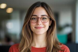 Smiling woman with glasses in a modern workspace engaged in a positive environment during the daytime photo