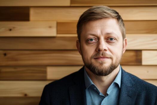 Professional man poses confidently against a wooden background in a modern office setting photo