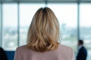 Business professional stands in modern office, gazing out at city skyline during daylight hours photo