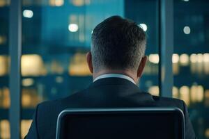 Business professional contemplating decisions while looking out at a city skyline from a high-rise office at night photo