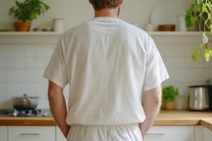 Man in a white outfit stands in a kitchen, surrounded by plants, appearing contemplative while enjoying a peaceful morning photo