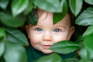 Blue-eyed baby peeking through green leaves on a sunny day in a garden setting photo